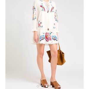 Farm Rio Macaw Embroidered White Dress